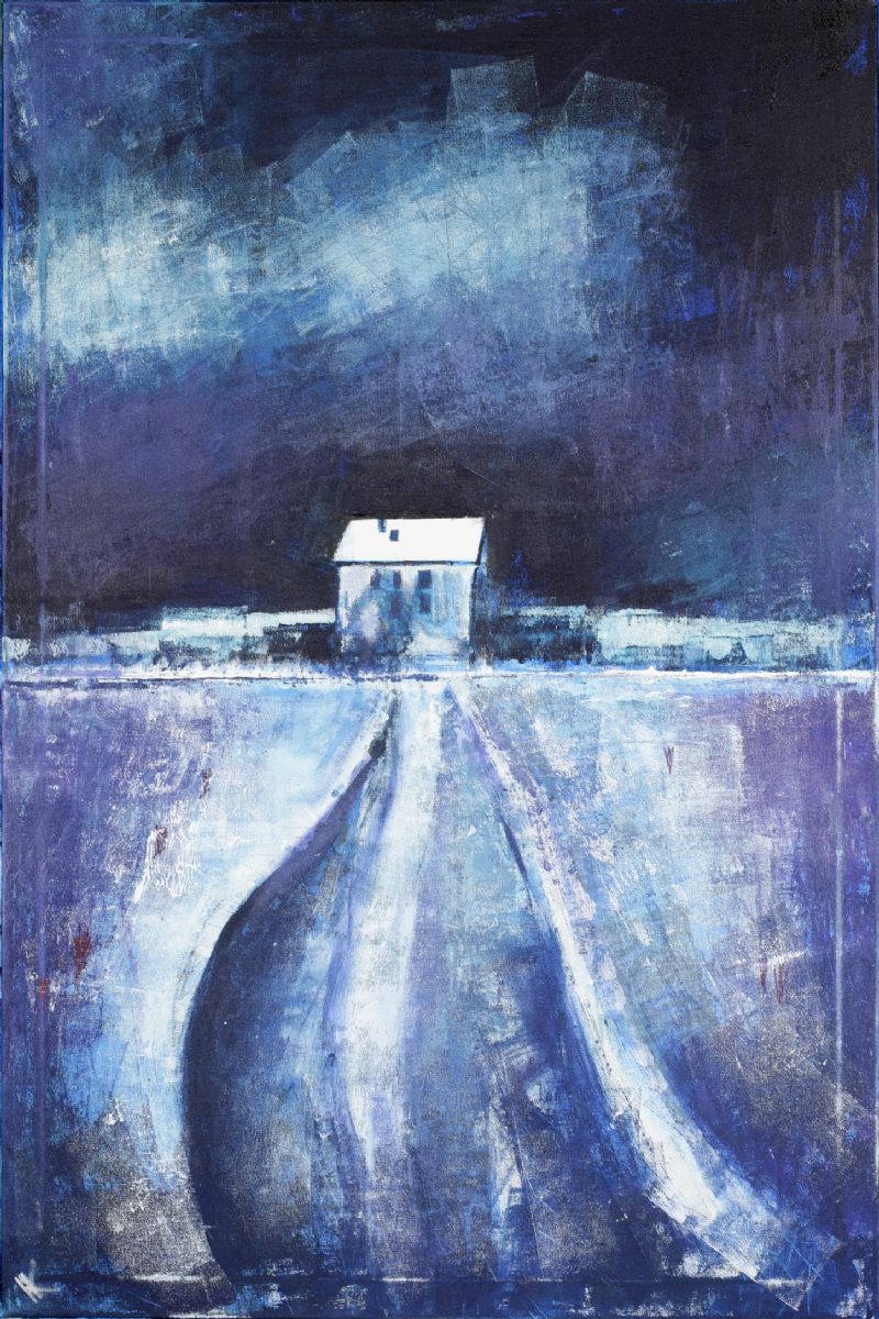 Original art painting Iceland Reykjavik landscape storm blue winter snow